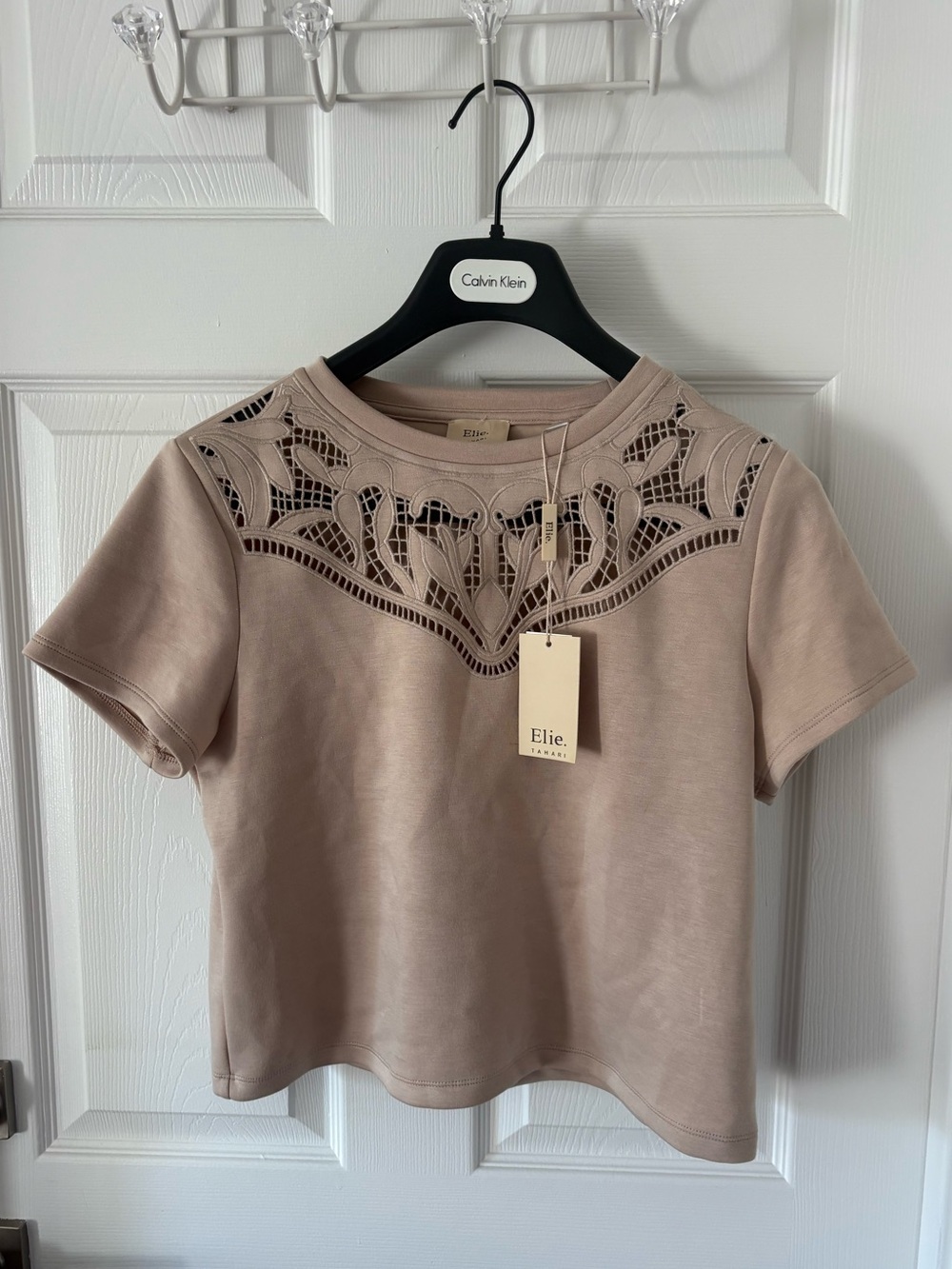 NWT Elie Tahari Faux Suede Laser Cut Lace Yoke Crop Top Beige Taupe Size S